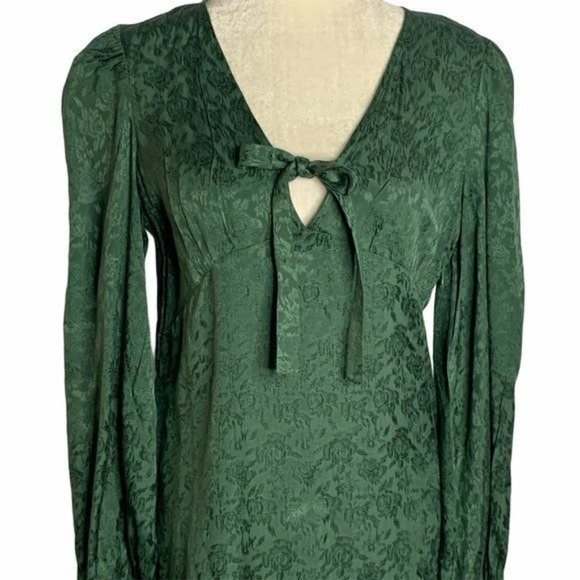 Walter Baker Retro Jacquard Aura Dress 6 Green Floral Long Sleeve V Neck Bow NEW - Picture 2 of 8